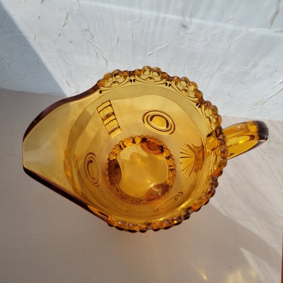 Antique Indiana Amber Dewey Depression Glass Pitcher With Floral & Geometric Des - Picture 6 of 10
